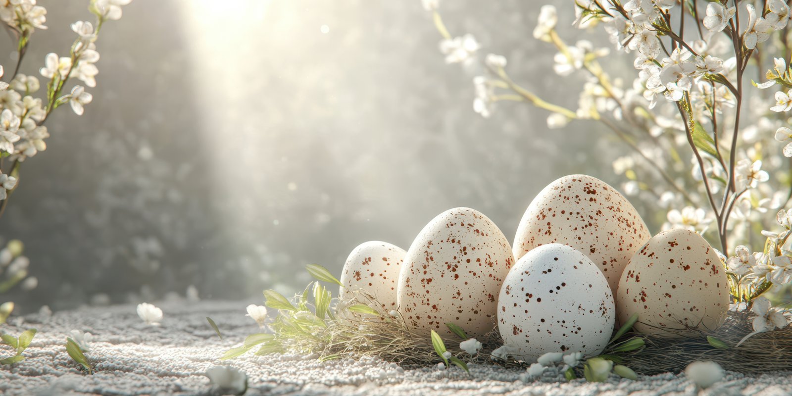 Decorative Easter eggs arranged in a tranquil spring landscape with blooming flowers and soft sunlight
